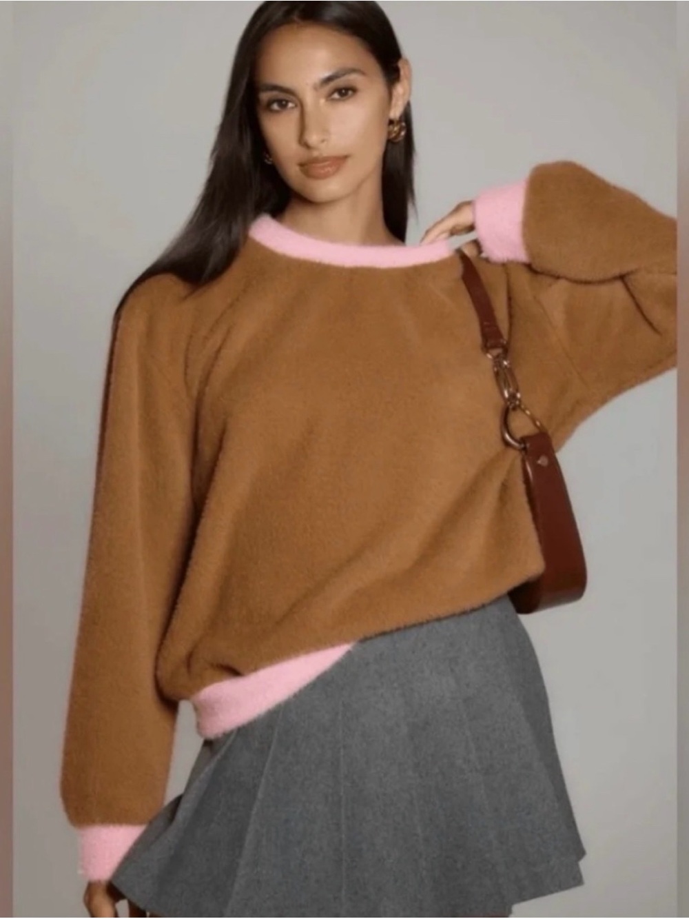 Maeve Cozy Brown Sweater with Pink Trim